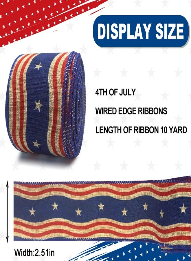 ABTOLS Patriotic Wired Edge Ribbons 2.5" 10 Yards, Veterans Day White Red Blue Stripe Ribbons Patriotic Star Wrapping Ribbon American Linen Ribbon for Christmas Party Wrapping DIY Craft Decoration - Image 2